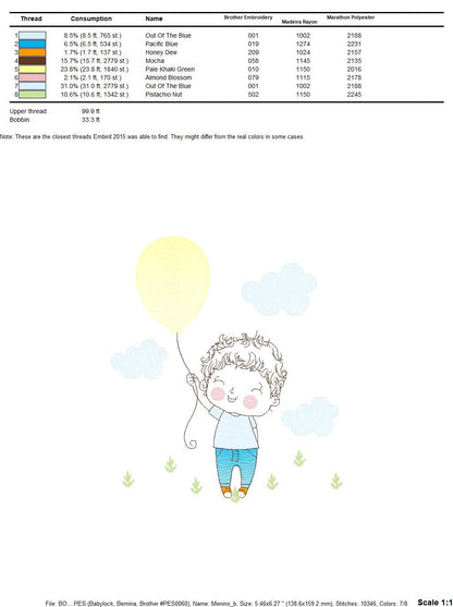 Balloon embroidery designs - Boy with balloons embroidery design machine embroidery pattern - Baby boy embroidery file filled design pes jef - Marcia Embroidery