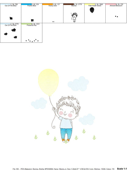 Balloon embroidery designs - Boy with balloons embroidery design machine embroidery pattern - Baby boy embroidery file filled design pes jef - Marcia Embroidery