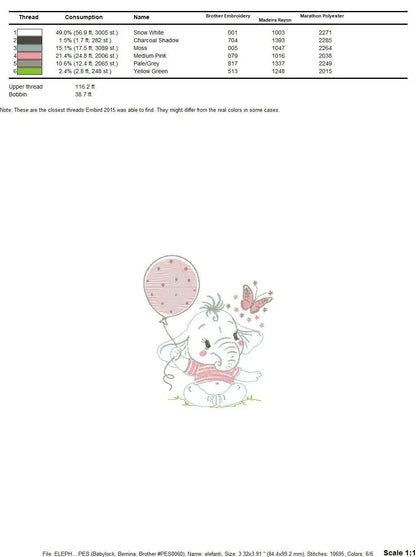 Elephant with balloon embroidery designs - Baby girl with butterfly machine embroidery pattern - Safari Wild Animal file - Instant download Marcia Embroidery