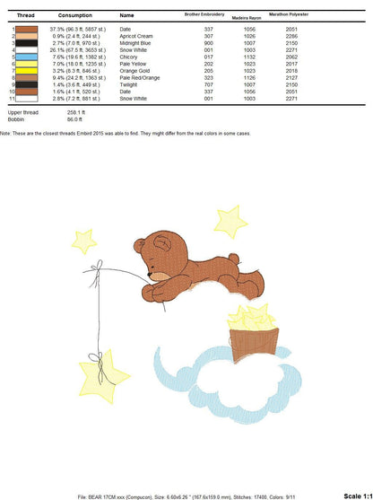 Bear embroidery designs - Cloud and stars embroidery design machine embroidery pattern - Baby boy embroidery file instant download pes jef Marcia Embroidery