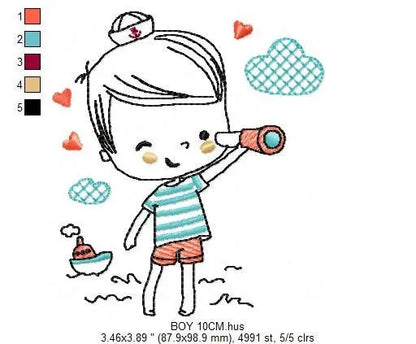 Boat embroidery design - Baby Boy with telescope machine embroidery pattern - Nautical embroidery file - Instant digital download pes jef Marcia Embroidery