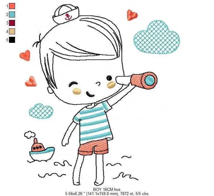 Boat embroidery design - Baby Boy with telescope machine embroidery pattern - Nautical embroidery file - Instant digital download pes jef Marcia Embroidery