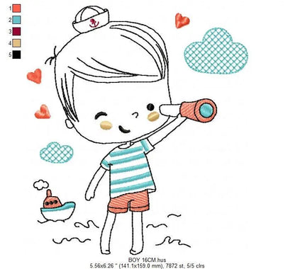 Boat embroidery design - Baby Boy with telescope machine embroidery pattern - Nautical embroidery file - Instant digital download pes jef Marcia Embroidery
