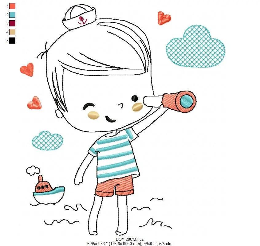 Boat embroidery design - Baby Boy with telescope machine embroidery pattern - Nautical embroidery file - Instant digital download pes jef Marcia Embroidery