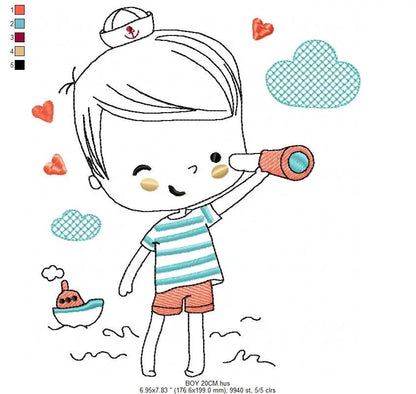 Boat embroidery design - Baby Boy with telescope machine embroidery pattern - Nautical embroidery file - Instant digital download pes jef Marcia Embroidery