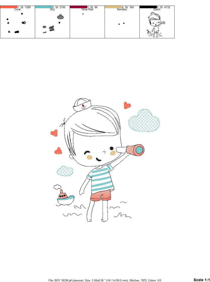 Boat embroidery design - Baby Boy with telescope machine embroidery pattern - Nautical embroidery file - Instant digital download pes jef Marcia Embroidery