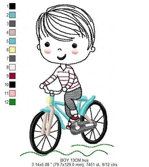 Boy with bike embroidery designs - Baby Boy with Bicycle machine embroidery pattern - Cyclist Biker kid toy - Instant digital download pes Marcia Embroidery