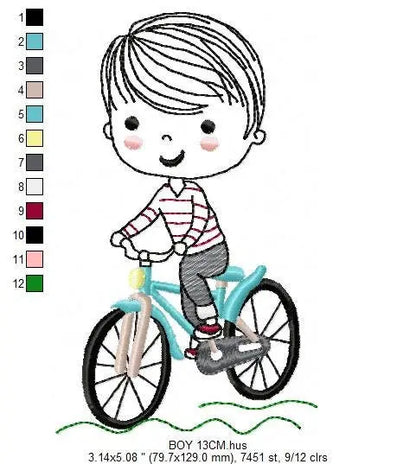 Boy with bike embroidery designs - Baby Boy with Bicycle machine embroidery pattern - Cyclist Biker kid toy - Instant digital download pes Marcia Embroidery