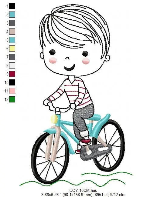Boy with bike embroidery designs - Baby Boy with Bicycle machine embroidery pattern - Cyclist Biker kid toy - Instant digital download pes Marcia Embroidery