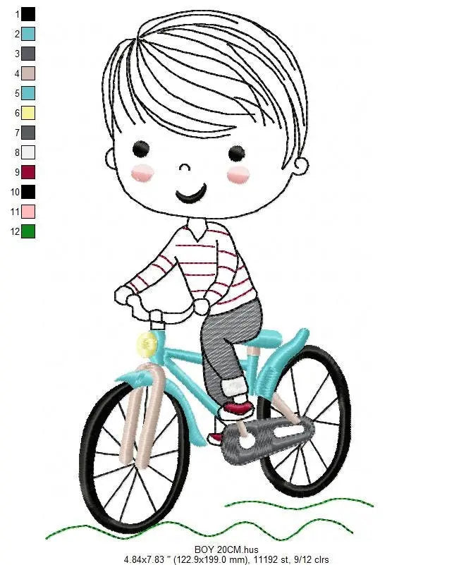 Boy with bike embroidery designs - Baby Boy with Bicycle machine embroidery pattern - Cyclist Biker kid toy - Instant digital download pes Marcia Embroidery
