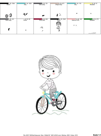 Boy with bike embroidery designs - Baby Boy with Bicycle machine embroidery pattern - Cyclist Biker kid toy - Instant digital download pes Marcia Embroidery
