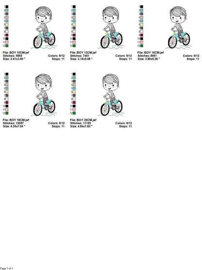 Boy with bike embroidery designs - Baby Boy with Bicycle machine embroidery pattern - Cyclist Biker kid toy - Instant digital download pes Marcia Embroidery