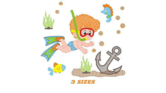 Boy Diver embroidery design - Ocean Swimmer with anchor and fishes machine embroidery pattern - Deep sea file - Instant digital download jef Marcia Embroidery