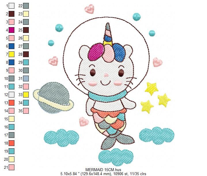 Mermaid embroidery designs - Cat astronaut embroidery design machine embroidery pattern - Mermaid cat embroidery instant download pes jef Marcia Embroidery