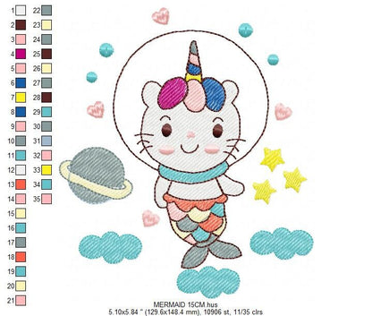 Mermaid embroidery designs - Cat astronaut embroidery design machine embroidery pattern - Mermaid cat embroidery instant download pes jef Marcia Embroidery