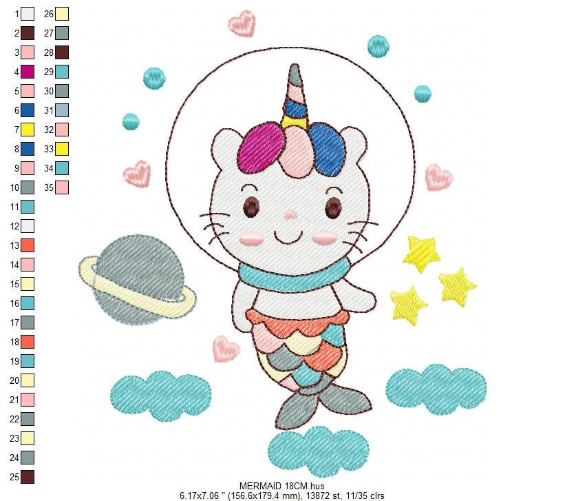Mermaid embroidery designs - Cat astronaut embroidery design machine embroidery pattern - Mermaid cat embroidery instant download pes jef Marcia Embroidery