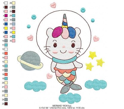 Mermaid embroidery designs - Cat astronaut embroidery design machine embroidery pattern - Mermaid cat embroidery instant download pes jef Marcia Embroidery