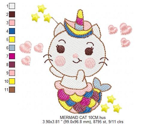Mermaid embroidery designs - Mermaid Cat embroidery design machine embroidery pattern - Mermaid rippled design - Kitty embroidery download Marcia Embroidery