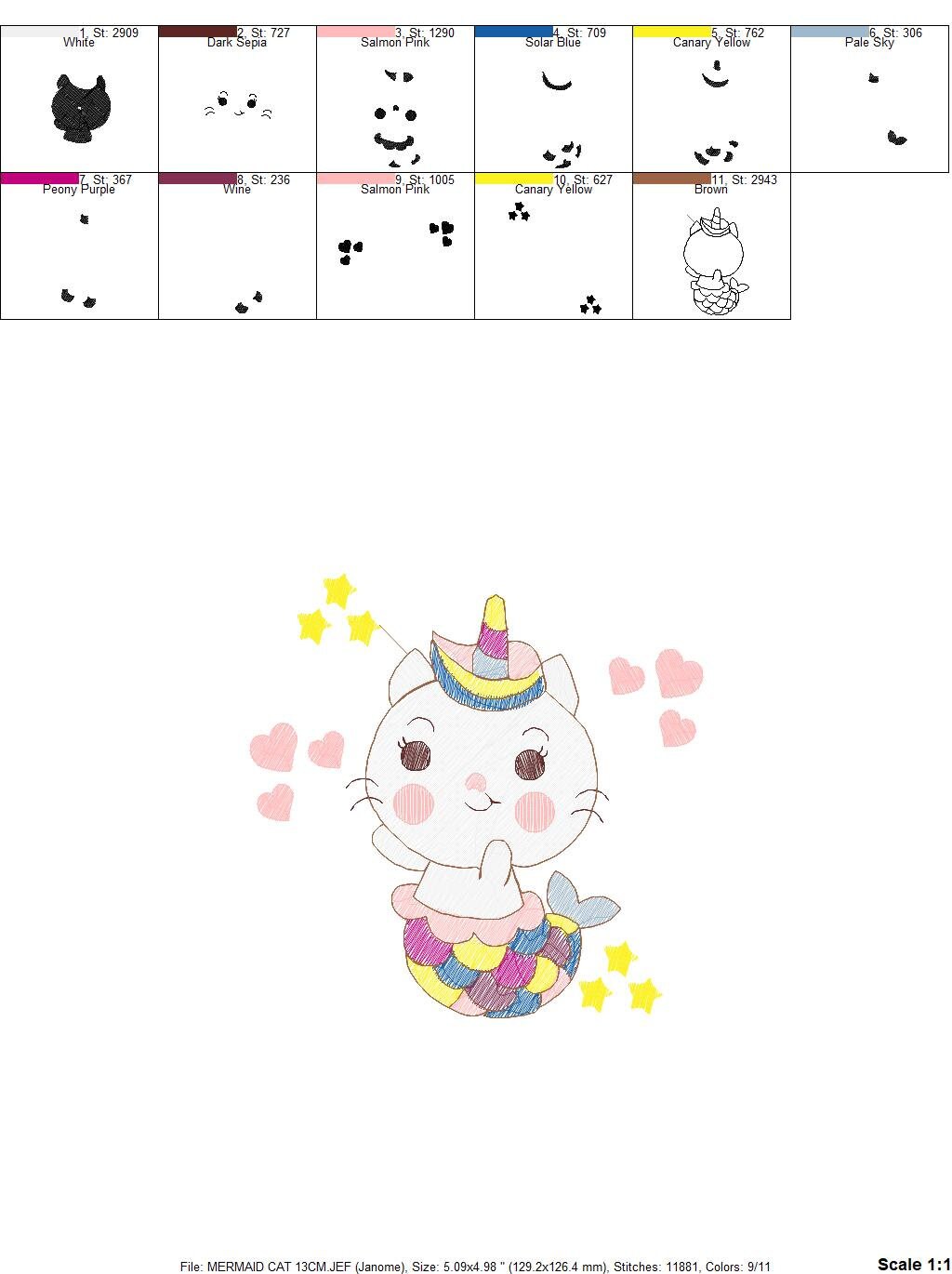 Mermaid embroidery designs - Mermaid Cat embroidery design machine embroidery pattern - Mermaid rippled design - Kitty embroidery download Marcia Embroidery