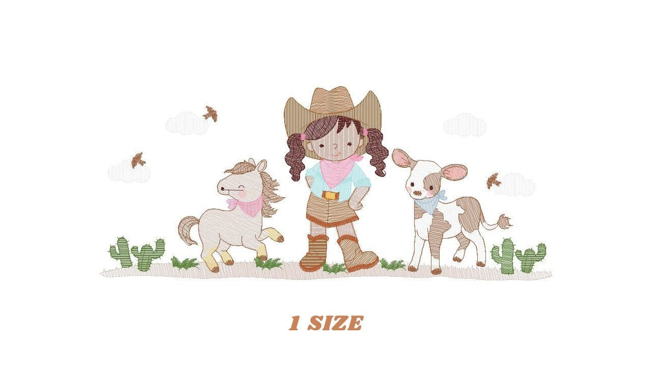 Cowgirl embroidery designs - Farm Cowboy with horse and cow machine embroidery pattern - Baby girl file - Instant digital download pes jef