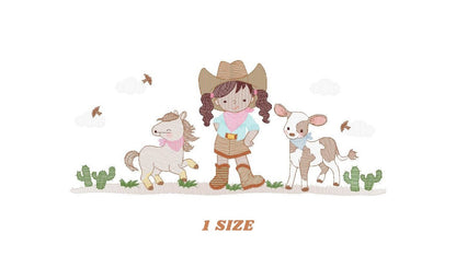 Cowgirl embroidery designs - Farm Cowboy with horse and cow machine embroidery pattern - Baby girl file - Instant digital download pes jef