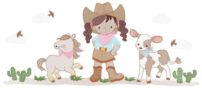 Cowgirl embroidery designs - Farm Cowboy with horse and cow machine embroidery pattern - Baby girl file - Instant digital download pes jef