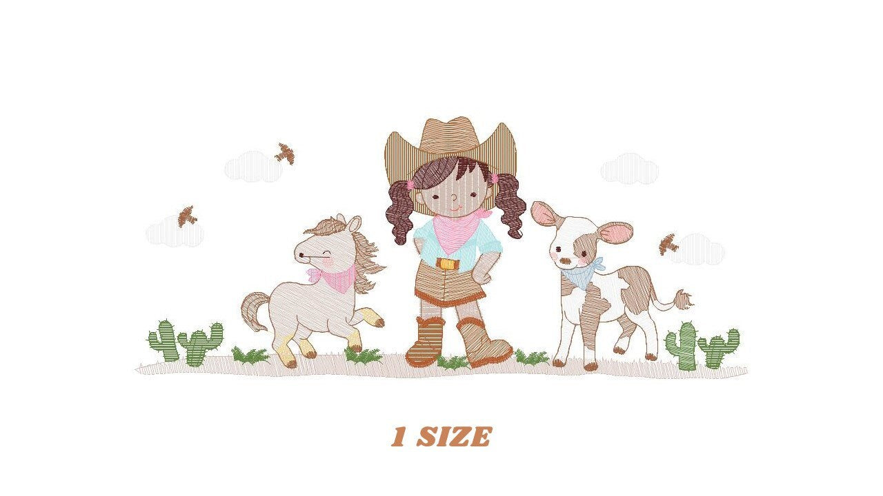 Cowgirl embroidery designs - Farm Cowboy with horse and cow machine embroidery pattern - Baby girl file - Instant digital download pes jef