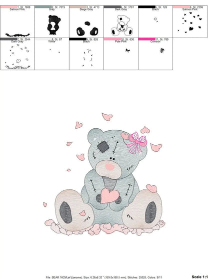 Patched Teddy Bear with hearts embroidery designs - Baby girl machine embroidery pattern - Ragged bear file - Instant digital download jef Marcia Embroidery