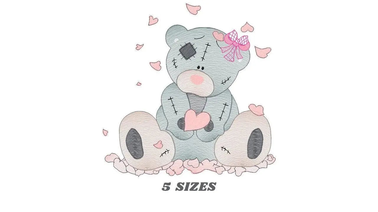 Patched Teddy Bear with hearts embroidery designs - Baby girl machine embroidery pattern - Ragged bear file - Instant digital download jef Marcia Embroidery