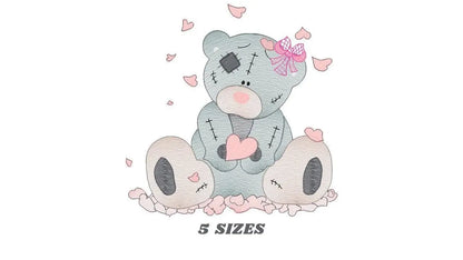 Patched Teddy Bear with hearts embroidery designs - Baby girl machine embroidery pattern - Ragged bear file - Instant digital download jef Marcia Embroidery