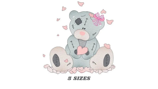 Patched Teddy Bear with hearts embroidery designs - Baby girl machine embroidery pattern - Ragged bear file - Instant digital download jef Marcia Embroidery