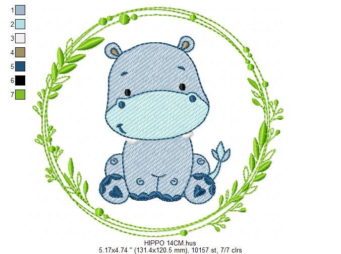 Hippo embroidery designs - Safari embroidery design machine embroidery pattern - Animal embroidery file - Hippo with applique frame pes jef