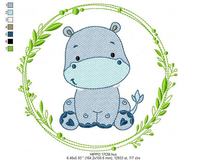 Hippo embroidery designs - Safari embroidery design machine embroidery pattern - Animal embroidery file - Hippo with applique frame pes jef