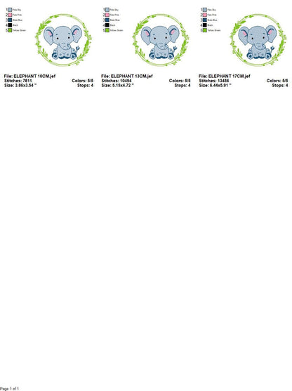 Elephant embroidery designs - Wild Animal Safari machine embroidery pattern - Baby boy Elephant with laurel frame - Instant download pes jef