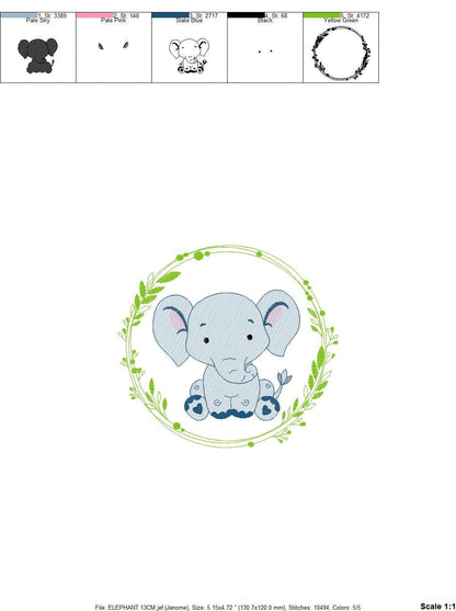 Elephant embroidery designs - Wild Animal Safari machine embroidery pattern - Baby boy Elephant with laurel frame - Instant download pes jef