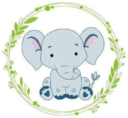 Elephant embroidery designs - Wild Animal Safari machine embroidery pattern - Baby boy Elephant with laurel frame - Instant download pes jef