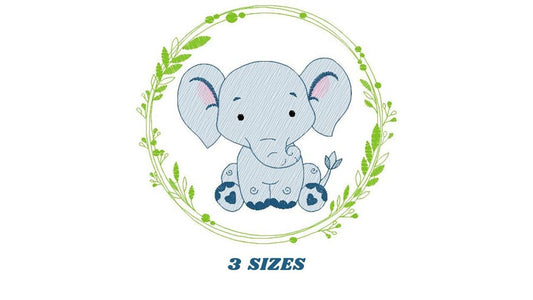 Elephant embroidery designs - Wild Animal Safari machine embroidery pattern - Baby boy Elephant with laurel frame - Instant download pes jef