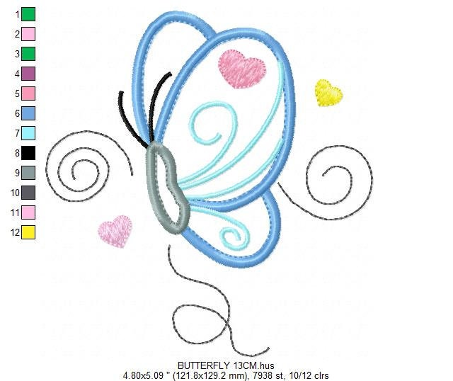 Butterfly with hearts embroidery design - Butterfly applique machine embroidery pattern - Baby girl file - Instant digital  download pes jef