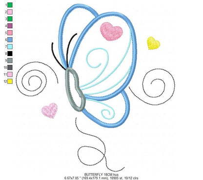 Butterfly with hearts embroidery design - Butterfly applique machine embroidery pattern - Baby girl file - Instant digital  download pes jef