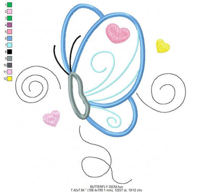 Butterfly with hearts embroidery design - Butterfly applique machine embroidery pattern - Baby girl file - Instant digital  download pes jef