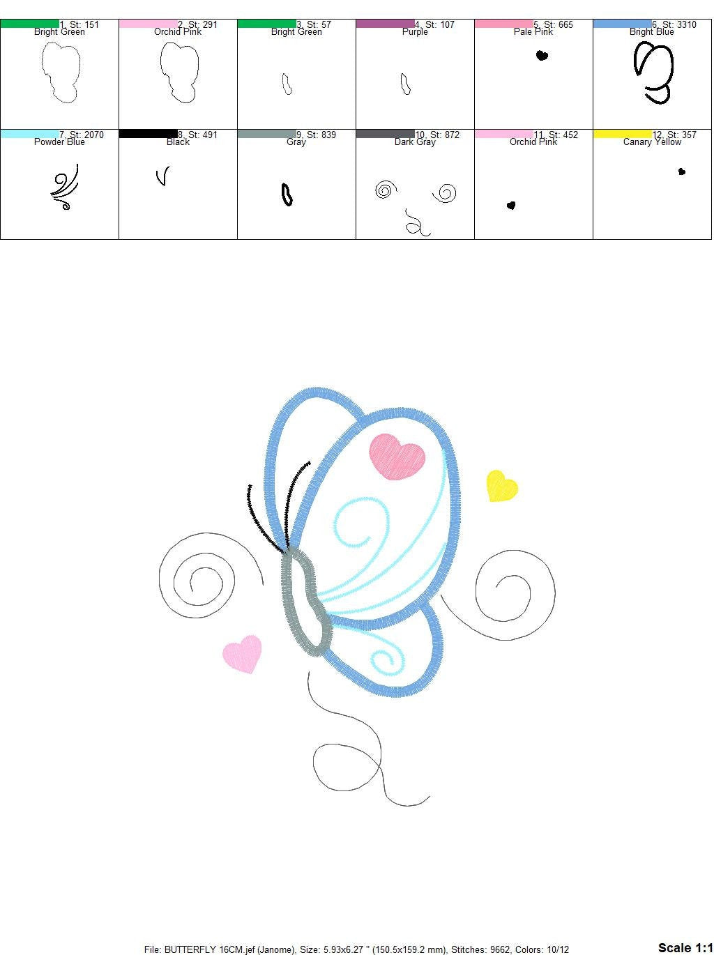 Butterfly with hearts embroidery design - Butterfly applique machine embroidery pattern - Baby girl file - Instant digital  download pes jef