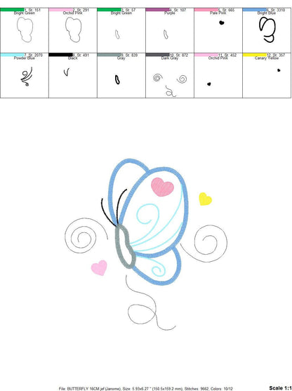 Butterfly with hearts embroidery design - Butterfly applique machine embroidery pattern - Baby girl file - Instant digital  download pes jef