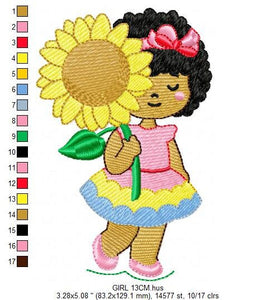 Girl embroidery designs - Sunflower girl embroidery design machine embroidery pattern - Curly hair girl with flower embroidery download pes