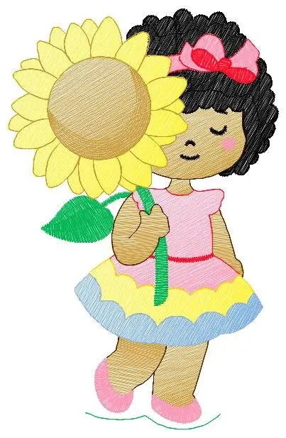 Girl embroidery designs - Sunflower girl embroidery design machine embroidery pattern - Curly hair girl with flower embroidery download pes Marcia Embroidery