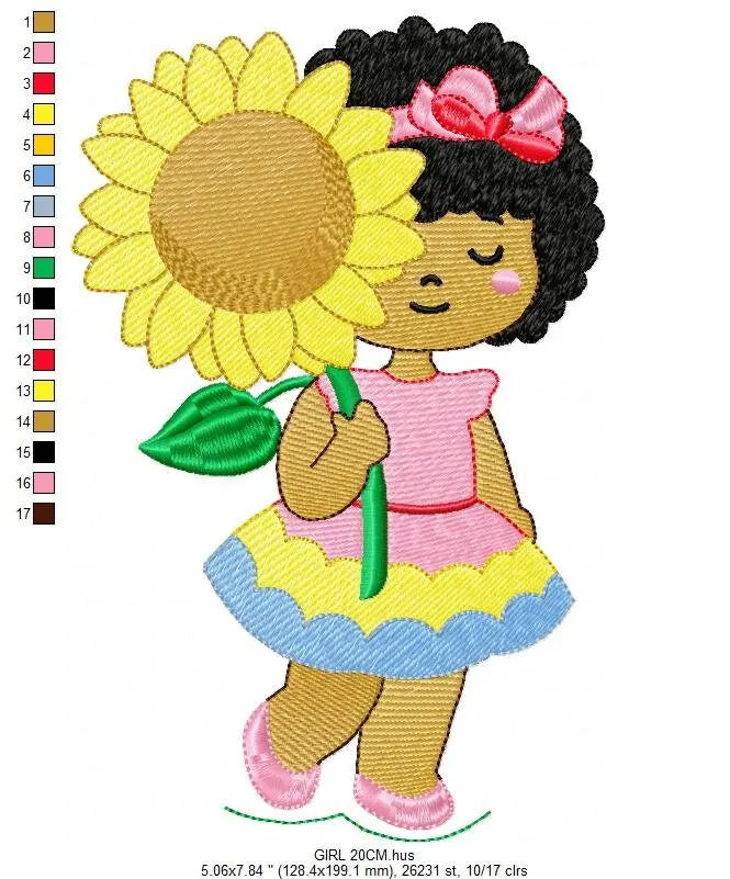 Girl embroidery designs - Sunflower girl embroidery design machine embroidery pattern - Curly hair girl with flower embroidery download pes Marcia Embroidery
