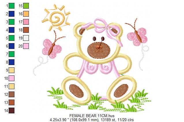 Female Bear embroidery designs - Baby girl embroidery design machine embroidery pattern - Bear with butterfly embroidery file - digital file Marcia Embroidery