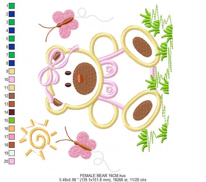 Female Bear embroidery designs - Baby girl embroidery design machine embroidery pattern - Bear with butterfly embroidery file - digital file Marcia Embroidery