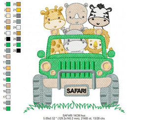 Safari Car embroidery designs - Animals embroidery design machine embroidery pattern - Baby boy embroidery file - lion zebra giraffe hippo rhino