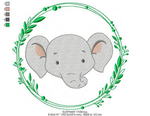 Elephant face embroidery designs - Safari embroidery design machine embroidery pattern - Animal embroidery file - Elephant with laurel frame