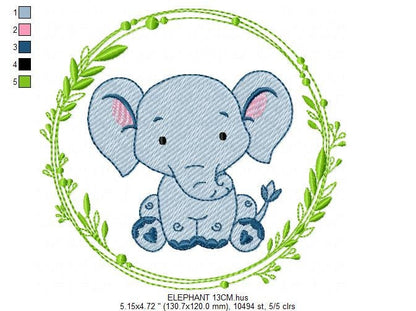 Elephant embroidery designs - Wild Animal Safari machine embroidery pattern - Baby boy Elephant with laurel frame - Instant download pes jef